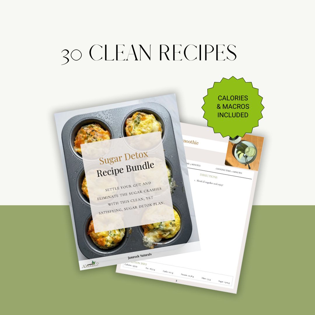 Clean, sugar-free recipe page from the guide showing a veggie bowl with avocado