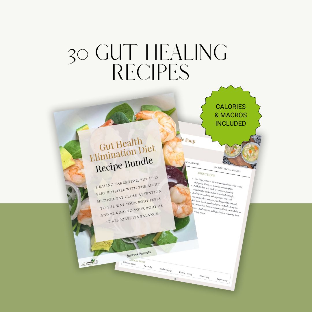 Flat lay of gut-friendly meals featured in the 30-recipe elimination plan with clean ingredients.