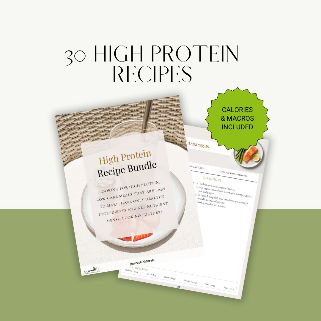 Sample recipe page from the High Protein Power Pack showing a salmon and veggie bowl