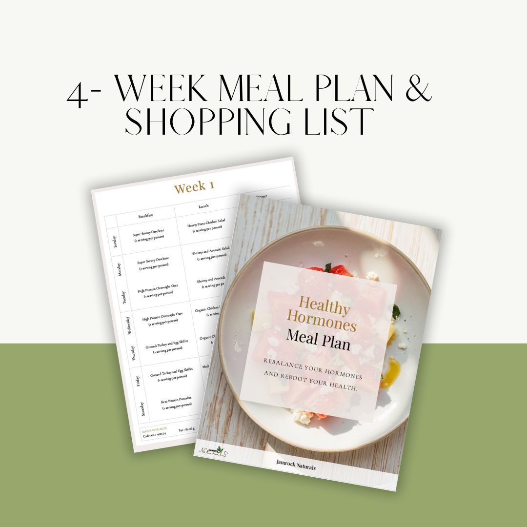 Hormone health reset bundle including meal plans, seed cycling, and hormone-support guides in a clean digital layout.
