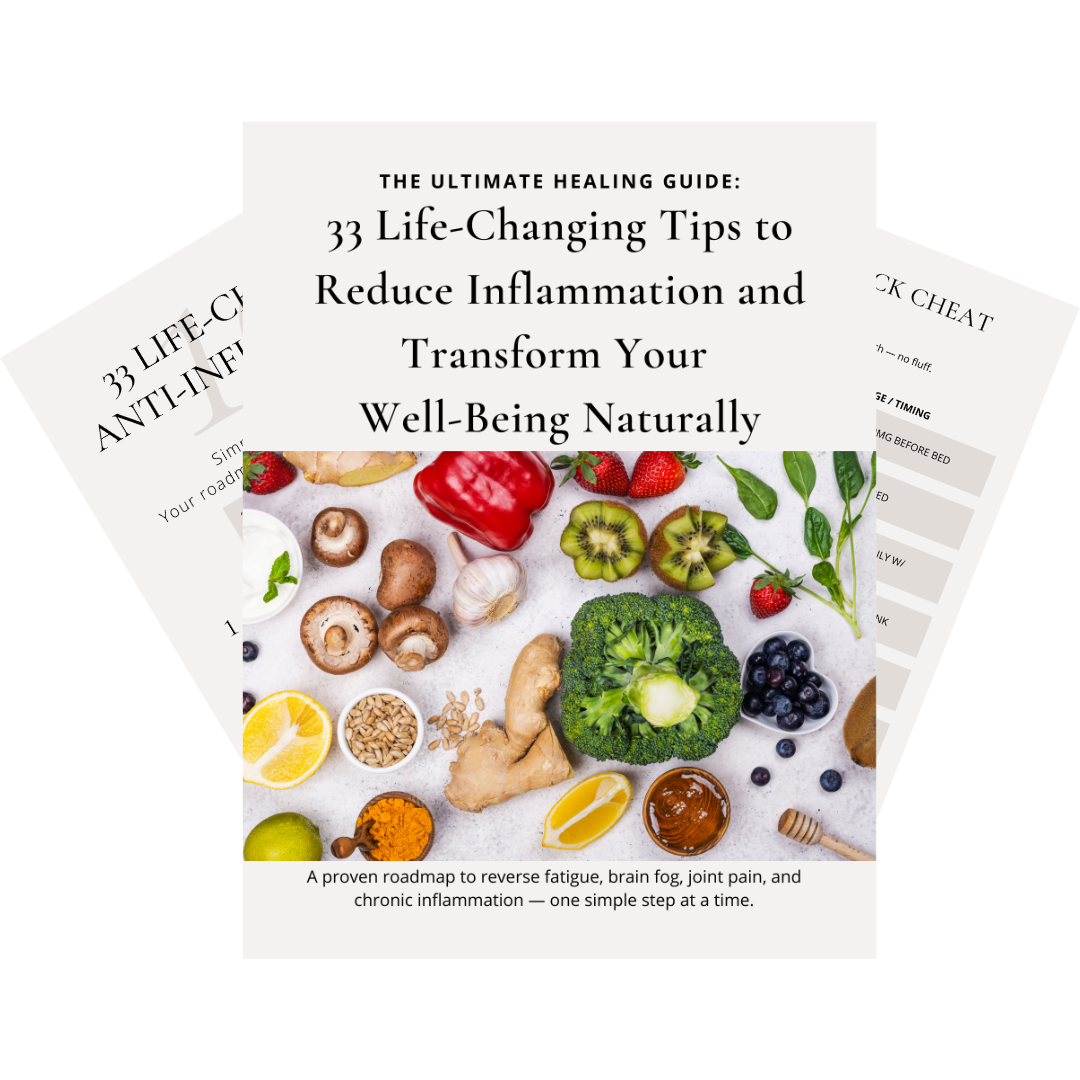 Digital cover of The Complete Inflammation Reset System™ showing meal plan, gut healing blueprint, and detox guides.