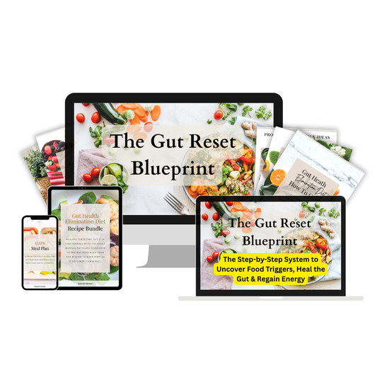 Cover image of the Gut Reset Blueprint digital bundle with meal plan, food lists, and guides for gut healing.