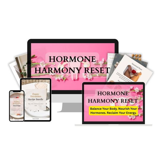 Hormone health reset bundle including meal plans, seed cycling, and hormone-support guides in a clean digital layout.
